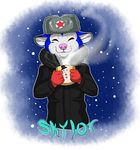  anthro beverage canine clothed clothing coffee eyes_closed fur hat male mammal merffle simple_background smile solo standing 
