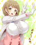  :o breasts brown_eyes brown_hair center_frills cleavage gloves hair_ornament hairclip heart heart_hair_ornament high-waist_skirt highres huge_breasts looking_at_viewer miyano_ururu narusawa_ryouka necktie occultic;nine short_hair skirt smile solo striped striped_neckwear translation_request white_gloves 