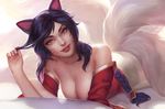  ahri animal_ears braid breasts cleavage detached_sleeves fox_ears fox_tail hair_twirling head_tilt highres j-witless korean_clothes large_breasts league_of_legends long_hair looking_at_viewer lying multiple_tails on_stomach purple_hair single_braid slit_pupils solo tail whisker_markings yellow_eyes 