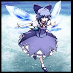  alternate_costume black_border blue_bow blue_eyes blue_footwear blue_hair blue_skirt blue_vest border bow cirno frilled_skirt frills full_body hair_between_eyes hair_bow ice ice_background ice_wings kikoka_(mizuumi) layered_skirt looking_at_viewer neck_ribbon open_mouth outstretched_arms puffy_short_sleeves puffy_sleeves red_ribbon ribbon shirt shoes short_hair short_sleeves skirt solo spread_arms touhou vest white_legwear white_shirt white_skirt wings 