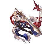  angela_(lord_of_vermilion_iii) angela_(lord_of_vermilion_iii)_(cosplay) bare_shoulders black_legwear blonde_hair brown_eyes cosplay djeeta_(granblue_fantasy) full_body granblue_fantasy holding holding_weapon huge_weapon looking_at_viewer looking_back lord_of_vermilion lord_of_vermilion_iii minaba_hideo miniskirt official_art shoes short_hair skirt solo sword thighhighs transparent_background veil weapon zettai_ryouiki 