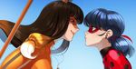  aconitea animal_ears blue_background blue_eyes blue_hair blurry bodysuit brown_eyes brown_hair depth_of_field domino_mask earrings eye_contact fox_ears from_side hair_ribbon jewelry ladybug_(character) lila_rossi lipstick looking_at_another makeup marinette_dupain-cheng mask miraculous_ladybug multiple_girls orange_lipstick pendant polka_dot ribbon smile twintails volpina 