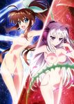  2girls absurdres ahoge areolae blue_eyes blush breasts brown_hair collarbone fuuka_reventon groin hair_bow hair_ribbon highres large_breasts long_hair looking_at_viewer lyrical_nanoha multiple_girls navel nipples nude_filter open_mouth petals plant ponytail purple_eyes pussy ribbon rinne_berlinetta shiny shiny_hair silver_hair small_breasts smile uncensored very_long_hair vines 
