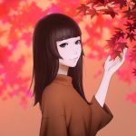  1girl bangs blunt_bangs blurry blurry_background brown_eyes brown_hair closed_mouth depth_of_field hand_up ilya_kuvshinov leaf long_hair long_sleeves looking_at_viewer maple_leaf original red_sweater smile solo sweater tree_branch upper_body 