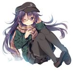  ;) adjusting_eyewear akatsuki_(kantai_collection) anchor_symbol bespectacled black_eyes black_legwear coat flat_cap glasses hat highres kantai_collection long_hair mitsuki_ponzu one_eye_closed pantyhose plaid plaid_scarf purple_hair red-framed_eyewear scarf school_uniform semi-rimless_eyewear serafuku signature simple_background smile solo under-rim_eyewear white_background winter_clothes winter_coat 