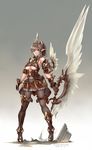  2016 armor armored_dress artist_name asymmetrical_legwear bare_shoulders black_legwear boots breasts brown_hair cleavage commentary_request dated elf fantasy feathers gloves gradient gradient_background green_eyes grey_background hair_ornament highres holding holding_sword holding_weapon holster huge_weapon large_breasts legs_apart looking_at_viewer pantyhose pixiv_fantasia pixiv_fantasia_t pointy_ears ponytail signature single_thigh_boot solo standing sword thigh_boots thigh_holster thigh_strap thighhighs underboob weapon white_background windforcelan 