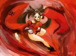  1girl bare_legs bare_shoulders breasts brown_eyes brown_hair china_dress detached_sleeves fighting_stance guilty_gear guilty_gear_xrd hair_ornament hair_tubes high_heel_boots kuradoberi_jam large_breasts long_hair oko_(ocotaros) pose red_background red_dress skirt solo thigh_strap 