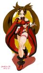  1girl artist_name bare_legs bare_shoulders boots breasts brown_hair china_dress fighting_stance full_body guilty_gear guilty_gear_xrd hair_ornament hair_tubes high_heel_boots kuradoberi_jam large_breasts long_hair oko_(ocotaros) red_dress skirt solo standing thigh_strap 