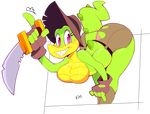  anthro bent_over breasts butt clothed clothing crocodile crocodilian featureless_breasts female freckles gloves hat hi_res knife looking_at_viewer panties red_eyes reptile scalie sharp_teeth smile solo teeth topless torn_clothing underwear vimhomeless 