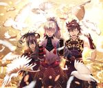  2boys arm_behind_back armor bird closed_eyes fire_emblem fire_emblem_if hinata_(fire_emblem_if) japanese_clothes kero_sweet multiple_boys oboro_(fire_emblem_if) scar smile takumi_(fire_emblem_if) white_feathers 