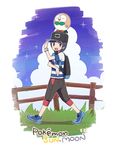  agata_(agatha) animal animal_on_head bangs baseball_cap black_hair black_hat blue_sky capri_pants cloud copyright_name fence gen_7_pokemon grass grey_eyes hat looking_at_viewer male_focus on_head pants pokemon pokemon_(creature) pokemon_(game) pokemon_on_head pokemon_sm rowlet shirt shoes sky smile sneakers solo sparkle striped striped_shirt swept_bangs t-shirt walking you_(pokemon) z-move 