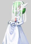  2016 blush breasts clothed clothing dress female gardevoir green_hair grey_background hair humanoid looking_at_viewer myheartpumpspiss nintendo open_mouth pok&eacute;mon red_eyes simple_background small_breasts smile solo video_games wedding_veil white_skin 