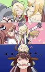  4girls :3 ^_^ ahoge american_flag_legwear banned_artist bare_shoulders blonde_hair braid breasts brown_eyes brown_hair carrying cleavage closed_eyes crown eighth_note empty_eyes french_braid gloves green_eyes grin hairband headgear iowa_(kantai_collection) japanese_clothes jewelry kantai_collection kongou_(kantai_collection) large_breasts long_hair mouth_pull multiple_girls musical_note necklace off_shoulder open_mouth piggyback princess_carry saratoga_(kantai_collection) sitting sitting_on_lap sitting_on_person smile star starry_background tachikoma_(mousou_teikoku) teeth warspite_(kantai_collection) wrist_cuffs younger 