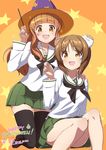  2girls :d animal_ears artist_name bandages bangs bear_ears black_legwear blouse blunt_bangs boko_(girls_und_panzer) boko_(girls_und_panzer)_(cosplay) brown_eyes brown_footwear brown_hair cosplay dated english facepaint fake_animal_ears girls_und_panzer green_skirt halloween hand_on_another's_shoulder happy_halloween hat highres holding kneeling loafers long_hair long_sleeves looking_at_viewer miniskirt multiple_girls neckerchief nishizumi_miho ooarai_school_uniform open_mouth orange_background orange_eyes orange_hair pemu pleated_skirt school_uniform serafuku shoes signature sitting skirt smile star starry_background takebe_saori thighhighs wand white_blouse witch witch_hat 