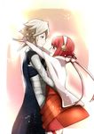  1boy 1girl cape eye_contact fire_emblem fire_emblem_if hair_bow happy headband hug kamui_(fire_emblem) pink_hair red_eyes red_hair ribbon sakura_(fire_emblem_if) smile white_hair 