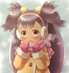  00s 1girl :o black_hair blush child coat dark_skin earmuffs green_eyes heavy_breathing iris_(pokemon) long_hair long_sleeves mittens nintendo pokemon pokemon_(anime) pokemon_(game) pokemon_bw porocha scarf shiny shiny_skin solo upper_body 