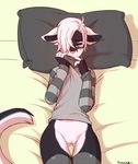  &lt;3 2016 anthro bed black_fur blush bottomless cat clothed clothing feline female fidgeting front_view fur green_eyes hair hair_over_eye legwear looking_at_viewer lying mammal multicolored_fur on_back on_bed pillow proby pussy shy solo stockings sweater thigh_highs turtleneck two_tone_fur white_fur white_hair yuurikin 