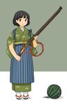  akai_sashimi antique_firearm arquebus black_eyes black_hair creature firearm firelock food fruit gun japanese_clothes kimono matchlock original short_hair solo tabi tasuki watermelon weapon zouri 