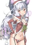  1girl alternate_costume bangs bell blush bow bow_panties bowtie breasts brown_eyes capelet cleavage commentary cowboy_shot ebifurya elbow_gloves eyebrows_visible_through_hair fang fur_trim garter_straps gloves grey_bow grey_neckwear groin hair_ribbon hand_on_hip hat headgear highres kantai_collection leaf long_hair looking_at_viewer murakumo_(kantai_collection) navel no_panties open_mouth panties red_gloves red_legwear red_ribbon ribbon santa_costume short_eyebrows side-tie_panties sidelocks silver_hair simple_background small_breasts solo speech_bubble spoken_ellipsis stomach thick_eyebrows thigh_gap translated tress_ribbon tsurime underwear very_long_hair white_background 