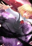  black_skirt black_vest blonde_hair bow collared_vest darkness eyebrows_visible_through_hair fang long_sleeves open_mouth outstretched_arms red_bow red_eyes rumia shirt short_hair skirt skirt_set solo spread_arms touhou umarutsufuri vest white_shirt 