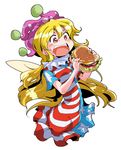  american_flag_dress blonde_hair blush cheese clownpiece dress eating fairy_wings food hamburger hat highres jester_cap long_hair neck_ruff open_mouth polka_dot red_eyes salad shinapuu short_dress short_sleeves simple_background solo star star_print striped teeth tomato touhou upper_body white_background wings 