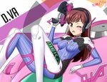  2016 animal_print bangs bodysuit breasts brown_eyes brown_hair bunny_print character_name covered_nipples d.va_(overwatch) dated facepaint facial_mark finger_on_trigger gloves gun handgun headphones high_collar holding holding_gun holding_weapon long_hair looking_at_viewer lying mecha medium_breasts meka_(overwatch) on_back one_eye_closed overwatch pilot_suit pistol ppshex ribbed_bodysuit shoulder_pads signature skin_tight solo swept_bangs weapon whisker_markings white_gloves 