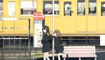  ahoge bag black_hair brown_eyes brown_hair bus_stop chain-link_fence commentary fence flat_color ground_vehicle hair_ornament hairclip hand_on_another's_shoulder highres hinami047 long_hair looking_back multiple_girls onomichi_(city) open_mouth original real_world_location scenery school_bag school_uniform short_hair sign smile train walking 