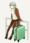  against_railing alternate_costume alternate_hairstyle aqua_eyes aqua_hair artist_name blush braid coat hair_ornament hairclip highres hita_(hitapita) kantai_collection leaning_on_object long_hair long_sleeves looking railing rolling_suitcase shoes simple_background single_braid sneakers solo suitcase suzuya_(kantai_collection) sweater turtleneck turtleneck_sweater 