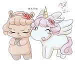  blue_fur capybara coal_(jewelpet) duo equine eyelashes eyes_closed feral flower fur hair headband horn jewelpet male mammal necklase opal_(jewelpet) open_mouth plant purple_hair rodent simple_background white_background winged_unicorn wings なめこ/あじゅか 