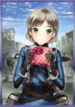  black_gloves box brown_hair dallas_wyatt day gift gift_box gloves green_eyes looking_at_viewer lowres military military_uniform minamino_kanata outdoors ruins senjou_no_valkyria senjou_no_valkyria_1 short_hair smile solo uniform 