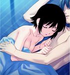  1girl bangs bed bed_sheet black_hair breasts cleavage closed_eyes collarbone faceless faceless_male hair_between_eyes hands_up hetero highres himuro_rikka koutaro lying medium_breasts on_side parted_lips short_hair sleeping source_request third-party_edit topless tropical_kiss 