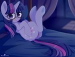  2016 :&lt; bed blush butt cutie_mark equine eyelashes eyewear female feral friendship_is_magic glasses hair hooves horn inside long_hair looking_at_viewer lying mammal momomistress multicolored_hair multicolored_tail my_little_pony on_back on_bed purple_eyes pussy solo twilight_sparkle_(mlp) underhoof unicorn 