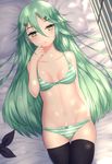  bare_arms bare_shoulders bed black_legwear bra breasts collarbone cowboy_shot eyebrows eyebrows_visible_through_hair finger_in_mouth green_eyes green_hair hair_between_eyes hair_ornament hairclip highres indoors kantai_collection long_hair looking_at_viewer lying navel on_back panties pillow rumaki shutter_shades small_breasts solo striped striped_bra striped_panties thighhighs underwear underwear_only yamakaze_(kantai_collection) 
