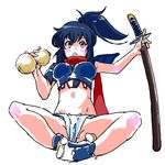 1girl armor bare_legs black_hair female fundoshi izumi_(queen&#039;s_blade) japanese_armor looking_at_viewer ponytail queen&#039;s_blade queen&#039;s_blade_rebellion sitting solo sword weapon 