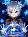  anastasia_(idolmaster) anniversary blue_eyes earrings gloves hair_ornament highres idolmaster idolmaster_cinderella_girls idolmaster_cinderella_girls_starlight_stage jewelry looking_at_viewer shirona002 short_hair silver_hair snowflakes solo white_gloves 