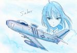  ahoge aircraft airplane artoria_pendragon_(all) blue braid character_name f-86_sabre fate_(series) fighter_jet flying jet military military_vehicle monochrome object_namesake pilot potekite pun saber traditional_media 