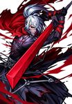  blood bruise chain character_request eclosion gauntlets hair_over_one_eye highres injury long_hair male_focus phantom_blade_(game) phantom_blade_2 ponytail red_eyes red_scarf scarf solo sword weapon white_hair 