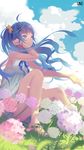  absurdres ai-chan_(playstation) bare_legs barefoot blue_eyes blue_hair blurry cloud cloudy_sky day depth_of_field floating_hair flower game_console hair_ornament hand_to_head highres long_hair outdoors parted_lips petals playstation sky sleeveless solo vofan 