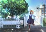  black_eyes blush bow bowtie brown_hair building city dappled_sunlight fence kneehighs looking_to_the_side open_mouth original outstretched_arms power_lines school_uniform shade shoes short_hair sneakers solo standing standing_on_one_leg sunlight tabata_mihira telephone_pole tree 