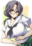 bespectacled black_eyes black_hair blouse blush breasts cleavage freckles girls_und_panzer glasses green_skirt large_breasts long_hair looking_at_viewer ooarai_school_uniform piyotan pleated_skirt school_uniform serafuku shinshin sketch skirt solo 