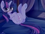  2016 :&lt; bed blush butt cutie_mark equine eyelashes eyewear female feral friendship_is_magic glasses hair hooves horn inside long_hair looking_at_viewer lying mammal momomistress multicolored_hair multicolored_tail my_little_pony on_back on_bed purple_eyes solo twilight_sparkle_(mlp) underhoof unicorn 