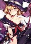  :t bangs bare_shoulders between_legs black_legwear blonde_hair blush breasts brown_eyes collarbone commentary djeeta_(granblue_fantasy) dress eyebrows_visible_through_hair frilled_sleeves frills frown gloves granblue_fantasy hair_between_eyes hairband hand_between_legs hand_up hat highres knees_up looking_at_viewer medium_breasts neckerchief oyu_(sijimisizimi) pleated_skirt puffy_short_sleeves puffy_sleeves short_hair short_sleeves simple_background sitting skirt solo staff thighhighs warlock_(granblue_fantasy) white_background white_gloves white_skirt witch_hat 