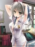  black_ribbon breasts brown_eyes brown_hair cleavage indoors karory licorice_nelson long_hair looking_at_viewer medium_breasts mouth_hold open_clothes open_shirt ribbon ribbon_in_mouth senjou_no_valkyria senjou_no_valkyria_2 shirt smile solo watermark white_shirt 