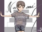  artist_name bangs black_shorts breasts brown_eyes brown_hair bukkuri character_name cleavage closed_mouth cowboy_shot cursive dated denim denim_shorts girls_und_panzer looking_at_viewer medium_breasts naomi_(girls_und_panzer) outstretched_arms see-through shirt short_hair short_shorts short_sleeves shorts signature sketch solo spread_arms standing strapless tubetop very_short_hair 