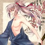  artist_name birthday blush brown_eyes character_name dated fire_emblem fire_emblem_if grey_hair leaf long_hair male_focus open_mouth ponytail shirtless shuri_yasuyuki solo takumi_(fire_emblem_if) upper_body weapon 