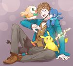  bird blue_eyes bow bowtie brown_hair coat crossover electricity fantastic_beasts_and_where_to_find_them gen_1_pokemon gen_7_pokemon litten male_focus newt_scamander open_mouth pikachu pokemon pokemon_(creature) pokemon_(game) pokemon_sm popplio rowlet sitting teeth tonomayo wand 