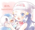  00s 1girl bare_shoulders blue_eyes blue_hair blush child flat_chest hat hikari_(pokemon) holding long_hair looking_at_viewer nintendo one_eye_closed open_mouth penguin piplup pokemon_(game) pokemon_dppt porocha scarf upper_body 