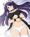  animal_ears apron arm_garter bed_sheet blush bow breasts cameltoe capitan_(tsyoujo) cat_ears covered_nipples dress dress_lift frills green_eyes hair_bow hair_ornament hairclip highres long_hair looking_at_viewer lying maid maid_headdress medium_breasts navel on_back original panties purple_hair smile solo taut_clothes thighhighs underwear waist_apron white_legwear white_panties wristband 