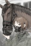  2016 androgynous animal artist_name brown_hair building dated fog fur_trim gas_mask grey_eyes hood hooded_jacket horse isaaki jacket looking_at_viewer original reins short_hair signature simple_background steampunk strap turtleneck 