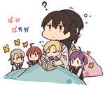  :&gt; ? ahoge akagi_(kantai_collection) arashi_(kantai_collection) back-to-back betchan black_vest blanket blue_eyes book brown_eyes brown_hair closed_eyes collared_shirt commentary drooling flipped_hair grey_hair grey_vest hagikaze_(kantai_collection) holding holding_book japanese_clothes kaga_(kantai_collection) kantai_collection long_hair maikaze_(kantai_collection) motion_lines multiple_girls neck_ribbon necktie nowaki_(kantai_collection) ponytail purple_eyes purple_hair red_hair red_ribbon ribbon school_uniform shirt short_hair side_ponytail translated under_covers vest white_background yellow_neckwear 